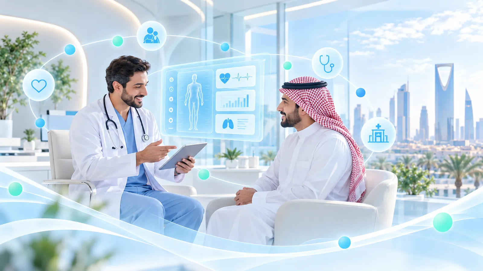 A physician consulting with a patient with clinical insights displayed between them