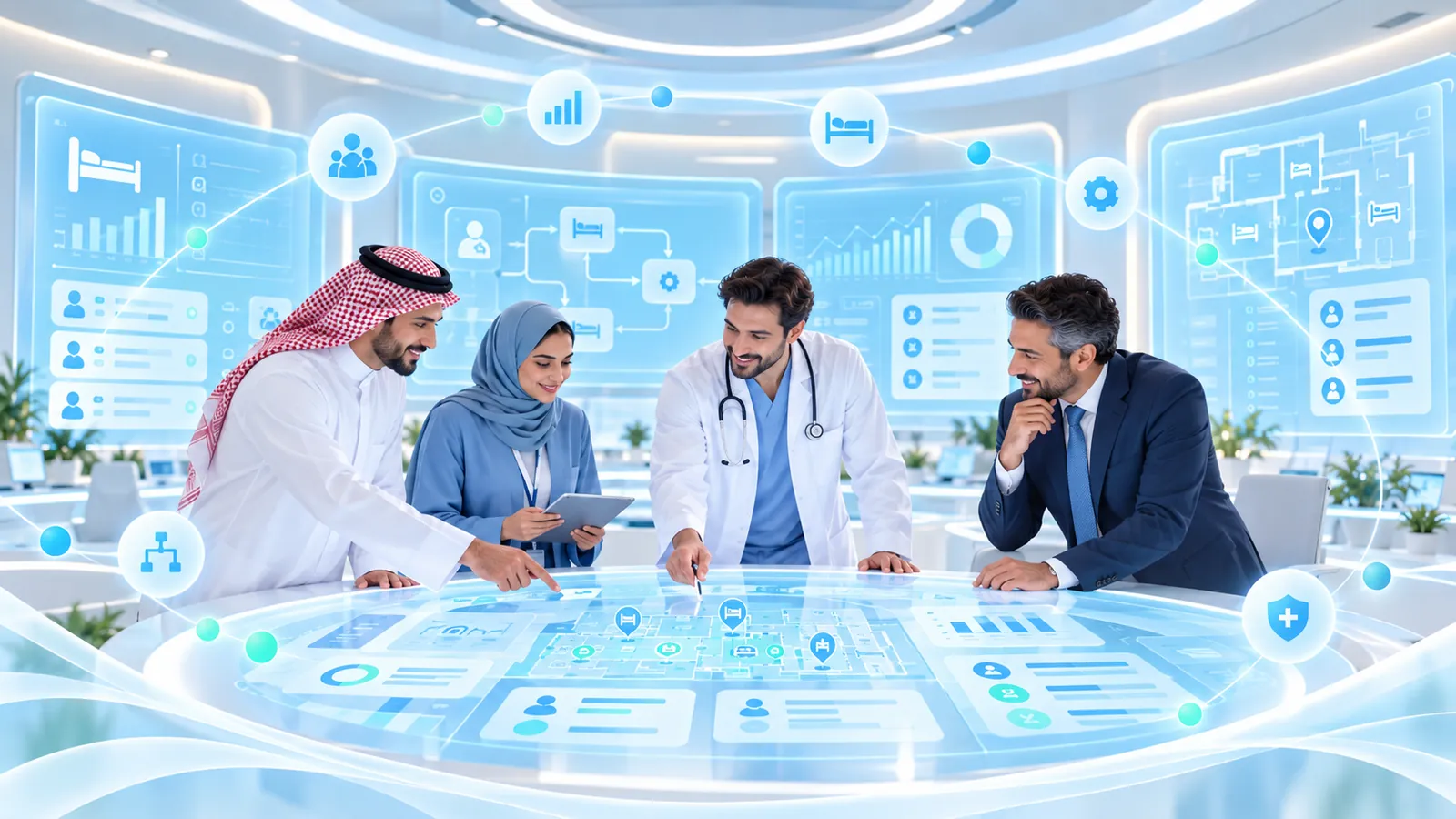 Clinicians and executives planning hospital operations around an interactive table