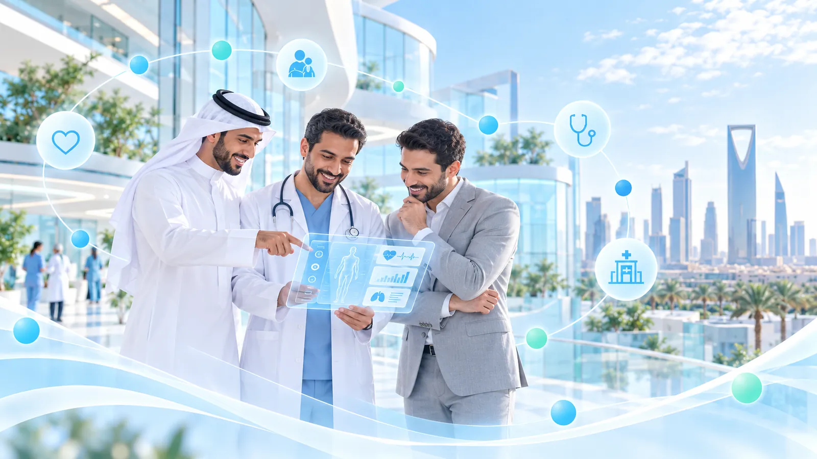 A healthcare leader, a physician and an executive reviewing patient insights together